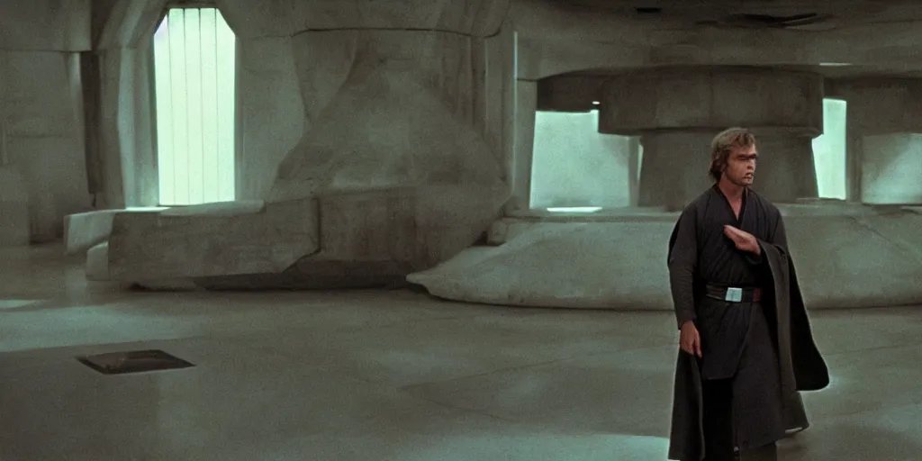 Image similar to screenshot of master Luke Skywalker alone in a a Jedi Temple, 1970s thriller by Stanely Kubrick film, color kodak, ektochrome, anamorphic lenses, detailed faces, moody cinematography