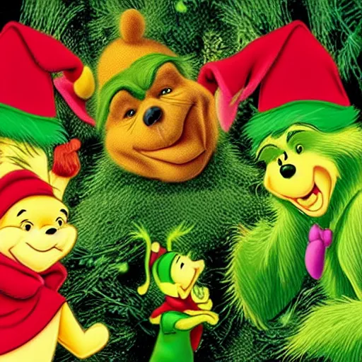 Image similar to winnie the pooh as the grinch, winnie the pooh cast as the grinch