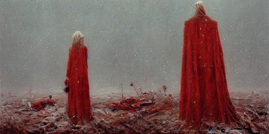 Prompt: surrealist painting of a lonely woman with pale skin and red hair standing over pile of bodies in post apocalyptic snowy landscape painted by beksinski