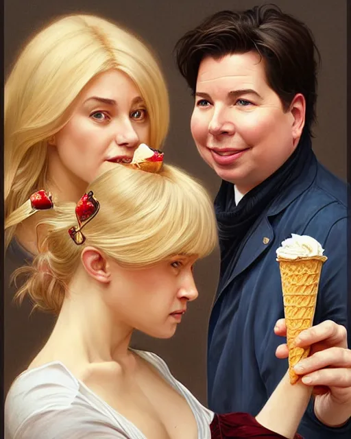 Prompt: Portrait of a blonde lady and Michael mcintyre eating ice creams in Porto,real life skin, intricate, elegant, highly detailed, artstation, concept art, smooth, sharp focus, art by artgerm and greg rutkowski and alphonse mucha