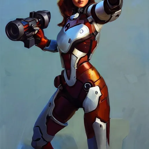 Image similar to greg manchess portrait painting of a female ironman as overwatch character, medium shot, asymmetrical, profile picture, organic painting, sunny day, matte painting, bold shapes, hard edges, street art, trending on artstation, by huang guangjian, gil elvgren, ruan jia, greg rutkowski, gaston bussiere