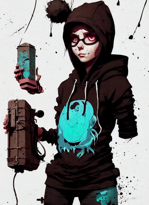 Image similar to highly detailed portrait of a sewer punk swedish lady, hoodie, white hair by atey ghailan, by greg rutkowski, by greg tocchini, by james gilleard, by joe fenton, by kaethe butcher, gradient blue, black, brown and cyan color scheme, grunge aesthetic!!! ( ( graffiti tag wall background ) )