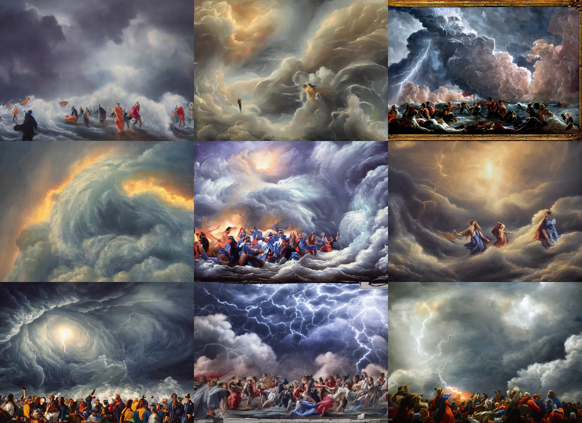 Prompt: fema wizards fighting a hurricane, telephoto, painting in luminist style, romanticist style, sirens, flares, foreboding, clouds, figurative art, crowds, sirens, flares, gritty