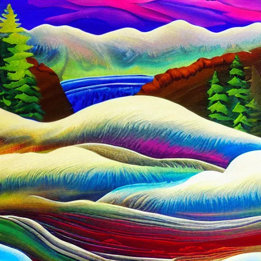 Image similar to a wild landscape painting filled with energy patterns rippling in all directions, mountains, rushing water, saturated colors