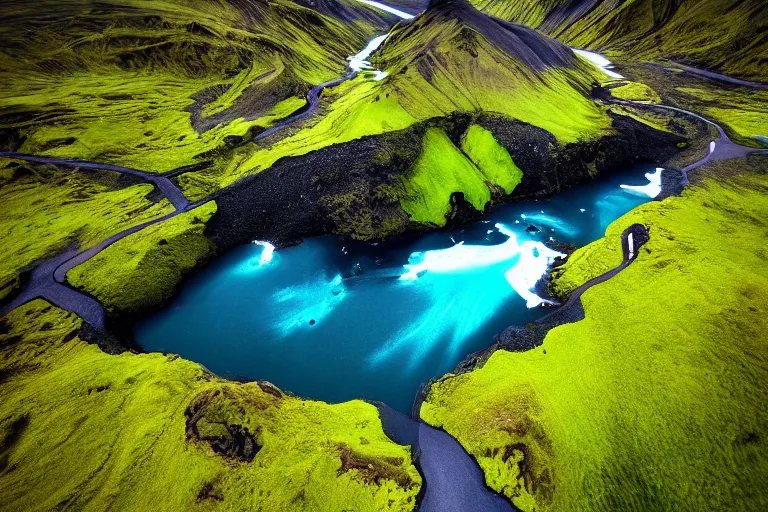 Image similar to drone shot photo of a landscape with mountains, waterfalls, wallpaper, very very wide shot, blue glacier, iceland, new zeeland, green flush moss, national geographic, award landscape photography, professional landscape photography, sunny, day time, beautiful