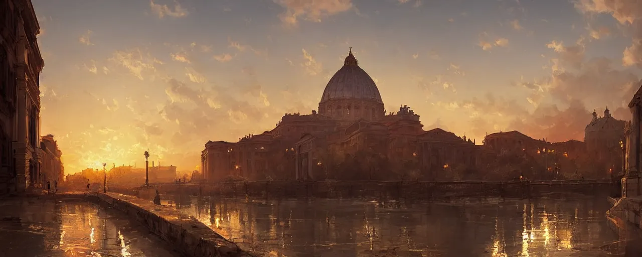 Image similar to oil painting of rome skyline at sunset, natural light, concept art, by greg rutkowski, cozy atmospheric and cinematic lighting