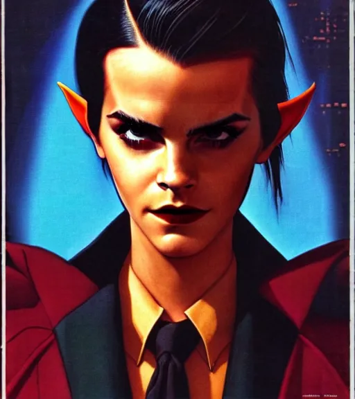 Image similar to a cyberpunk very ugly mafia boss in a suit with slicked back black hair played by emma watson as an elf, 1 9 7 9 omni magazine cover, style by vincent di fate, artgerm, very coherent, detailed, 4 k resolution, bright, unreal engine, daz