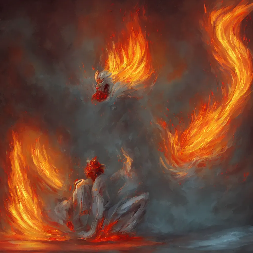 Image similar to a fire spirit chilling in a refrigerator, digital painting, illustration, high quality, fantasy