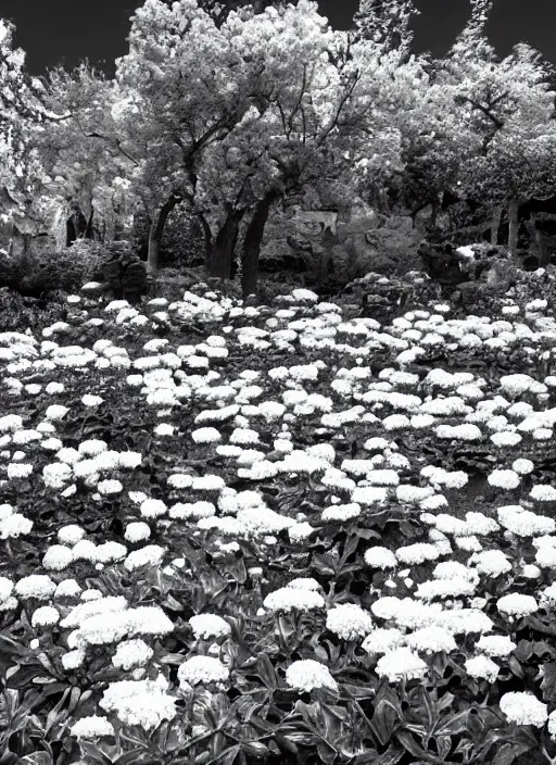 Image similar to old lost footage in black and white of a beautiful garden with flower and fruits,hyper realistic 8K HD real life photo