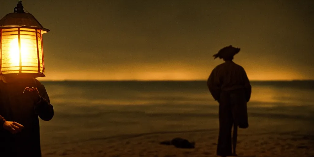 Image similar to film still of closeup old man holding up lantern by his beach hut at night. pirate ship in the ocean by emmanuel lubezki