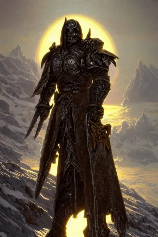 Prompt: a death knight in an icy landscape standing in front of the setting sun, close-up, backlight, intricate, highly detailed, artstation, concept art, illustration, sharp focus, art by ralph horsley and alphonse mucha