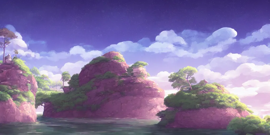 Image similar to a serene landscape with a singular building near a river with rocks at sunshine, ghibli studio, anime style, pixar style, concept art, highly detailed, high quality, soft lighting, beautiful landscape, cartoon, high coherence, cloud in the sky, digital painting, masterpiece, digital art, breathtaking landscape, soft colors, beautiful