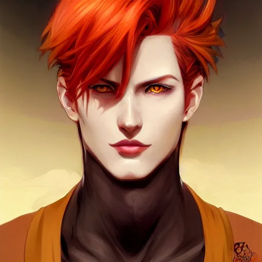 Prompt: portrait of hisoka morow hunter hunter, male, sharp jaw yellow eyes narrow eyes red hair crimson medium length hair swept back hair, anime, fantasy, intricate, elegant, highly detailed, digital painting, artstation, concept art, smooth, sharp focus, illustration, art by artgerm and greg rutkowski and alphonse mucha