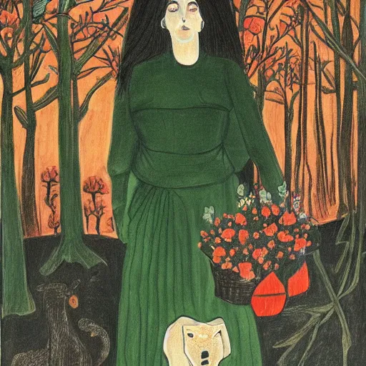 Image similar to ordered dark green by helio oiticica. a drawing of a vasilisa standing in the forest, surrounded by animals. she is holding a basket of flowers in one hand & a spindle in the other. gentle expression. in the background, the forest is dark & mysterious.