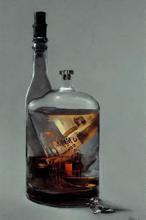 Prompt: imagine a ship in a bottle but instead of a ship brad pitt is in the bottle, brad pitt, fancy whiskey bottle, masterpiece painting by greg rutkowski