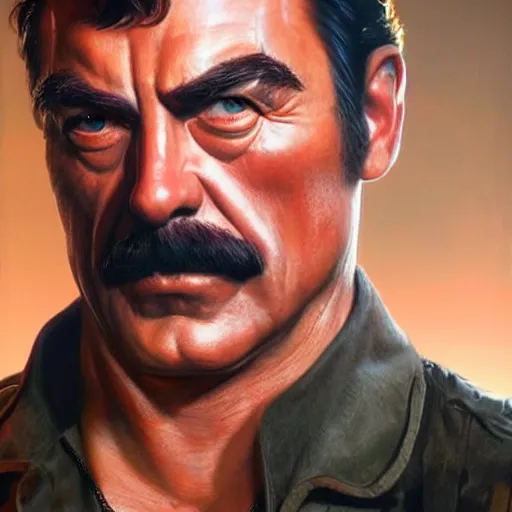 Prompt: ultra realistic head and shoulders portrait painting of tom selleck as johnny silverhand in cyberpunk 2 0 7 7, art by frank frazetta, 4 k, ultra realistic, highly detailed, epic lighting