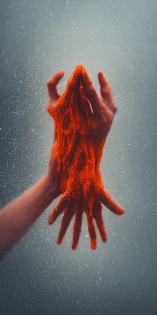 Image similar to a blurry closeup picture of hands around neck, dripping wet, no face, macro photography, long exposure photograph, surrealism, anamorphic bokeh, cozy, soft light, cyan and orange, caustic, atmospheric fog, octane render, cinematic