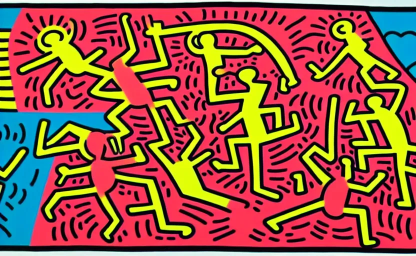 Image similar to highly detailed landscape painting by keith haring, 4k