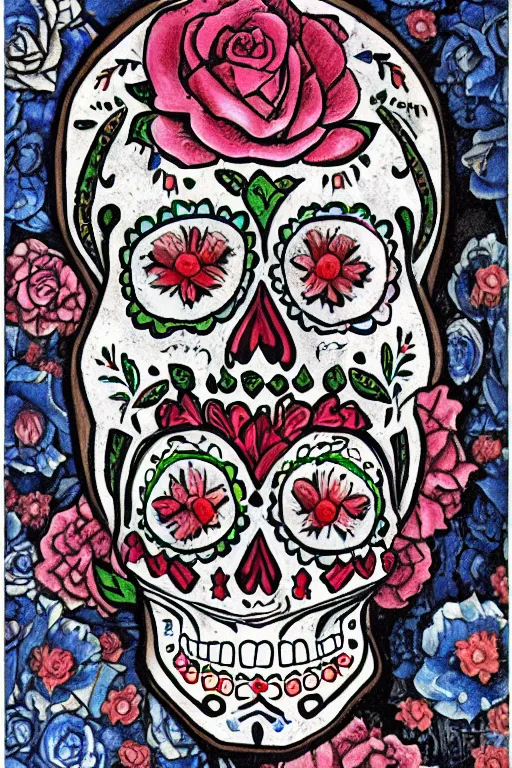 Image similar to illustration of a sugar skull day of the dead girl, art by diego rivera