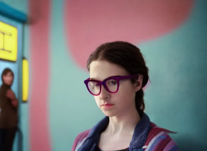 Prompt: cinematic mid shot of a high detail, young woman's face looking off camera, with round glasses. fine facial features. she stands in an empty, pastel colourful 3 d, detailed subway scene with shadows by jeffrey smart and gregory crewdson and edward hopper