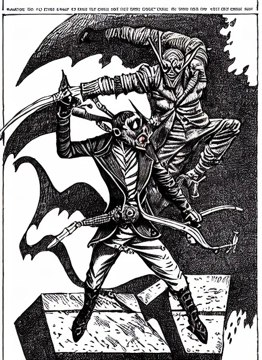 Prompt: spring - heeled jack d & d style illustration, full body, pen - and - ink illustration, etching, by russ nicholson, david a trampier, larry elmore, 1 9 8 1, hq scan, intricate details, inside stylized border
