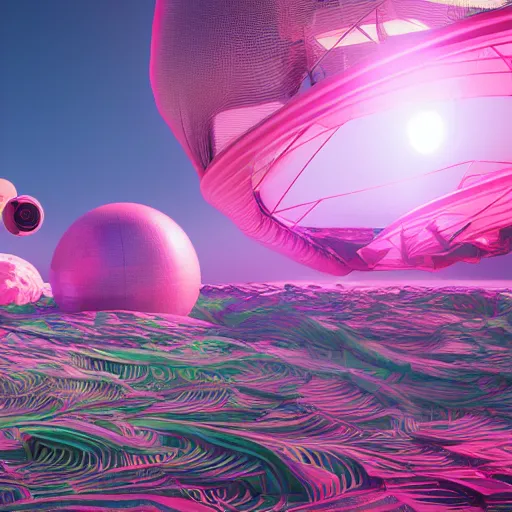 Prompt: panorama,utopia,science fiction,bio-inspired,organic,sunny,fashion of future,retro wave, pink hues,octane render