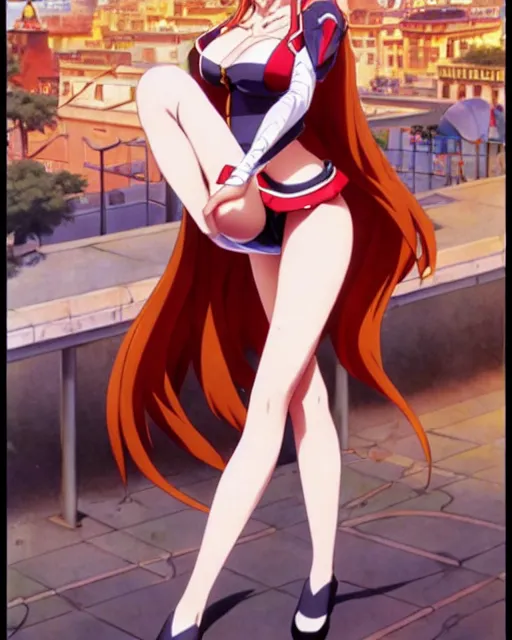 Prompt: pinup photo of asuna from sao in the crowded square of the city, asuna by a - 1 pictures, by jean giraud, kezie demessance, gil elvgren, james jean, enoch bolles, glossy skin, pearlescent, anime, very coherent, sao style anime, flat