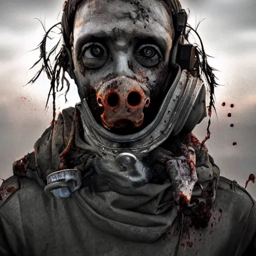 Prompt: post apocalyptic zombie in gasmask, details face, photo, bloody eyes, unreal engine, digital, artstation, detailed body, heavenly atmosphere, digital art, overdetailed art, trending on artstation, cgstudio, the most beautiful image ever created, dramatic, award winning artwork, beautiful scenery