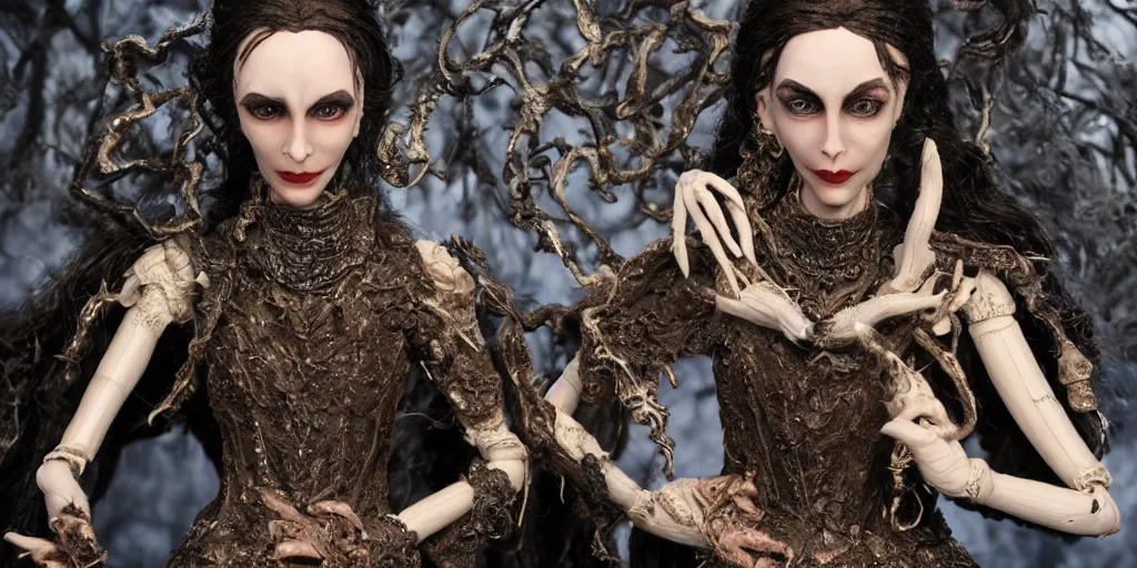 Prompt: photo taken of an epic intricate, ultra detailed, super realistic stop motion puppet of a majestic gracious regal aristocratic brunette female vampires in a night time graveyard filmset created by weta workshop and tim burton, menacing, wide angle, moody full body shot, photorealistic, sharp focus, gloomy, extremely cold blueish colour temperature, 3 5 mm, f 1. 4