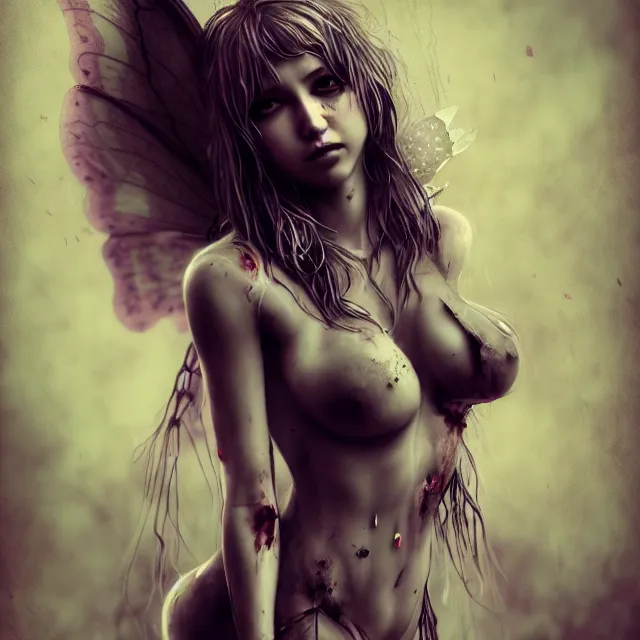 Image similar to full body pose, beautiful adult wounded fairy, dirty, grungy, grunge, highly detailed, 4 k, hdr, smooth, sharp focus, high resolution, award - winning photo, artgerm, photorealistic