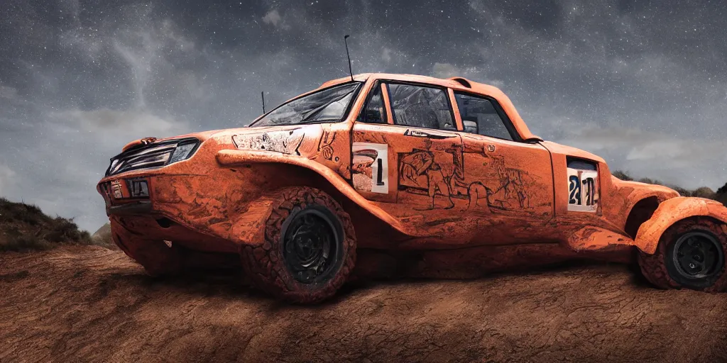 Image similar to offroad rally car copper paint job by sebastian luca and pablo carpio and edgaras cernikas and wang ke and damon greenhalgh, in wide view shot. blank background with some dreamy color lights.