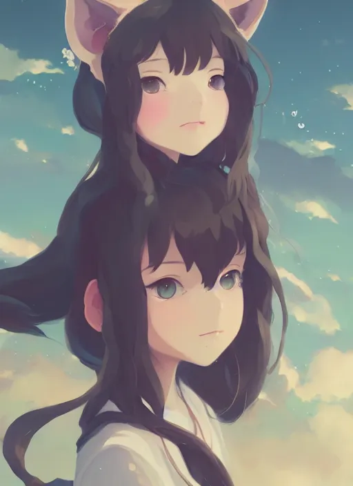 Image similar to portrait of cute catgirl, cloudy sky background lush landscape illustration concept art anime key visual trending pixiv fanbox by wlop and greg rutkowski and makoto shinkai and studio ghibli