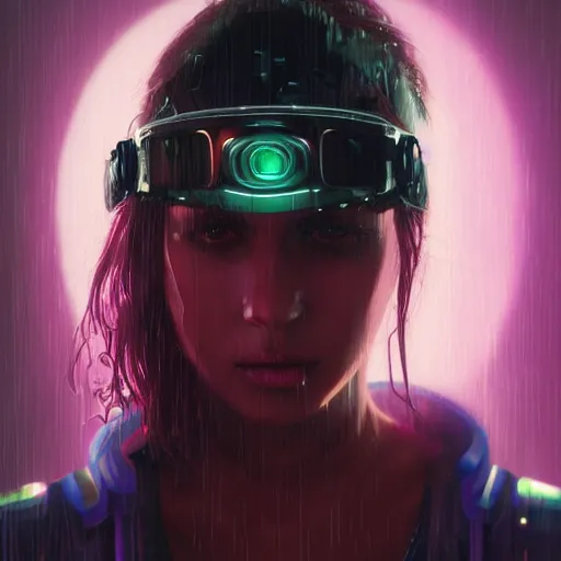 Image similar to very detailed masterpiece painting of a very beautiful wet young cyberpunk woman with a visor, dark purple hair and cybernetics, cyberpunk background, retrowave lighting, raining, closeup, portrait, artstation, concept art by greg rutkowski