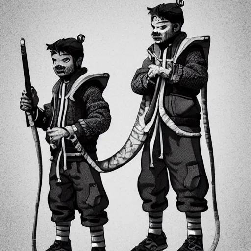 Image similar to rpg character concept art, twin brothers being cute and gangsta, intricate detail, in the style of jamie hewlett kawase hasui riyoko ikeda, 3 d render, artstation trending, 8 k, octane render, photorealistic, sharp detail, manga, black and white