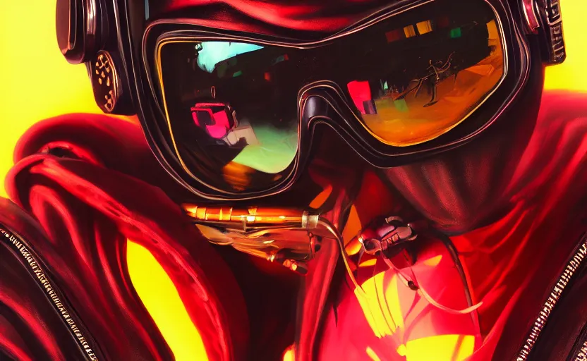 Image similar to closeup painting of bee, cyberpunk, wearing crimson - black shutter shades and a dark brown leather jacket, portrait, hyperdetailed, artstation, cgsociety, 8 k, synthwave by tangerine dream