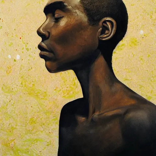 Image similar to a painting of a elegant, well fed, smooth-chinned, long nose, African elder with few eyebrows by Wangechi Mutu . thinker without facial hair, thoughtful, focused, visionary, calm, jovial, loving, fatherly, generous, . dramatic angle, ethereal lights, details, smooth, sharp focus, illustration, realistic, cinematic, artstation, award winning, rgb , unreal engine, octane render, cinematic light, macro, depth of field, blur, red light and clouds from the back, highly detailed epic cinematic concept art CG render made in Maya, Blender and Photoshop, octane render, excellent composition, dynamic dramatic cinematic lighting, aesthetic, very inspirational, arthouse.