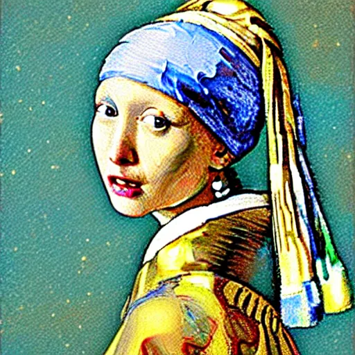 Image similar to girl with a pearl earring, in the style of the starry night by van gogh