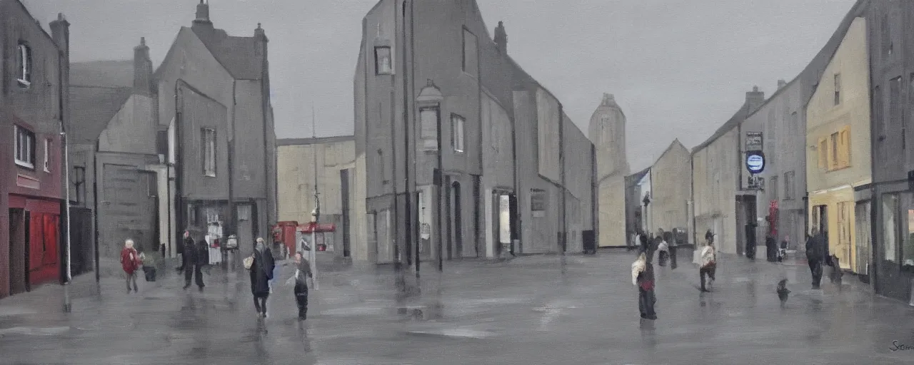 Prompt: a painting of street life in kirkwall orkney, somber, grey, dull, melancholic
