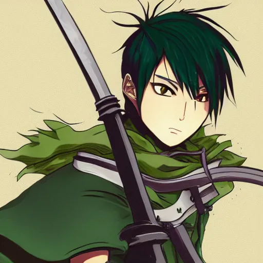 Image similar to swordsman, anime style, green hair, dark, animated, animation, detailed, illustration, moody