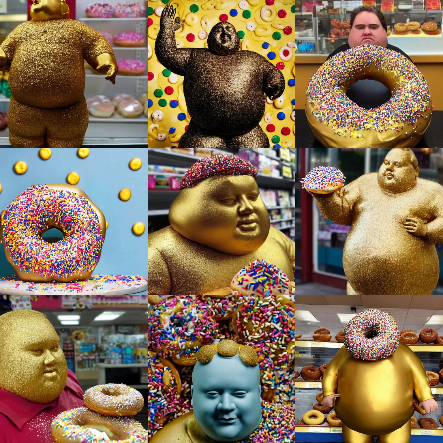 Prompt: candid photo of a gold statue of a fat man at the donut in the shop, covered in sprinkles and crumbs, holding a half eaten donut