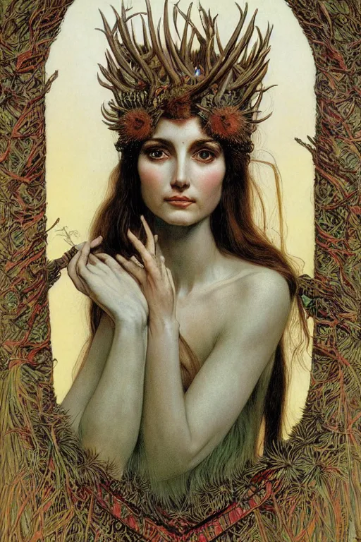 Image similar to a detailed portrait of a green haired brown eyed queen of feathers with an antler crown by wayne barlowe and mucha