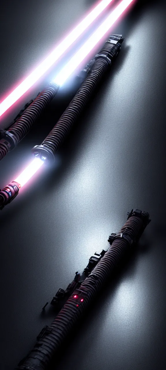 Prompt: ultra - detailed cinematic render, of a lightsaber lying vertically on the floor, in a dark room, octane render, deviantart, high quality, digital art, 8 k, jedi fallen order teaser, jedi fallen order lightsaber wallpaper 4 k, cal kestis lightsaber wallpaper pinterest