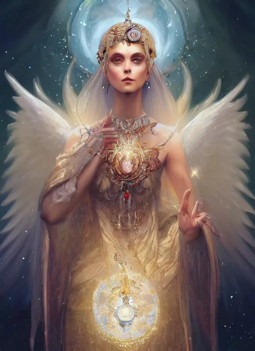 Image similar to A beautiful digital painting of a female Seraphim full of jewels, princess, the moon behind her, intricate, cinematic lighting, highly detailed, digital painting, Artstation, concept art, smooth, sharp focus, illustration, art by Tom Bagshaw, Artgerm and Greg Rutkowski