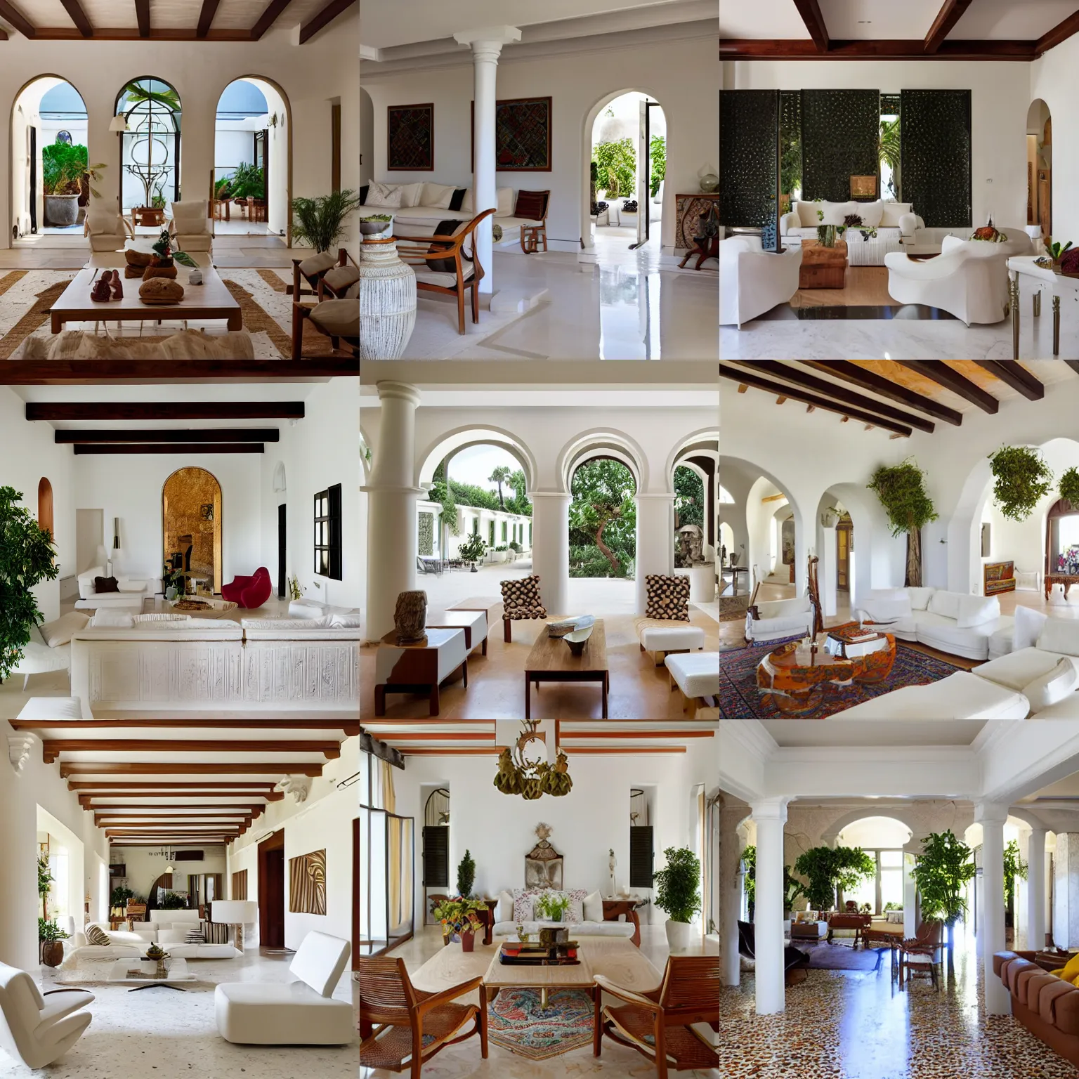 Prompt: living room of a traditional mediterranean house with white walls, wooden columns and terrazzo floors
