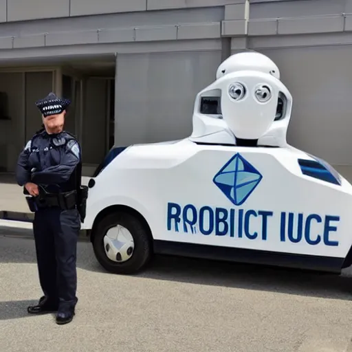 Image similar to robotic police unit shaped like an anthropomorphic rabbit, standing next to a parked futuristic police car