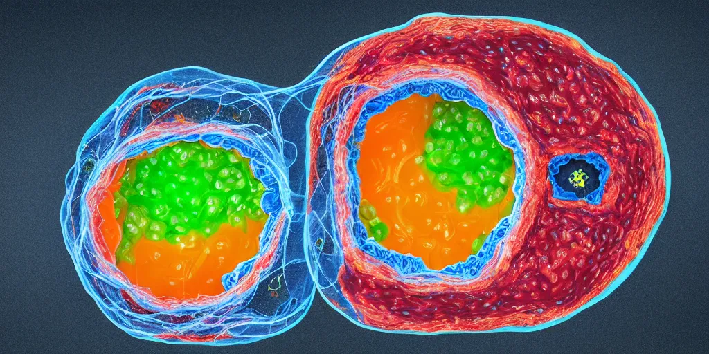 Image similar to well-lit studio photograph of cutaway of the interior of a human cell, showing the nucleus and organelles, made of fruit floating in jello