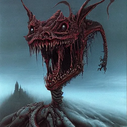 Prompt: vampire dragon beksinski, eldritch, apocalypse, creepy creature, horror spooky