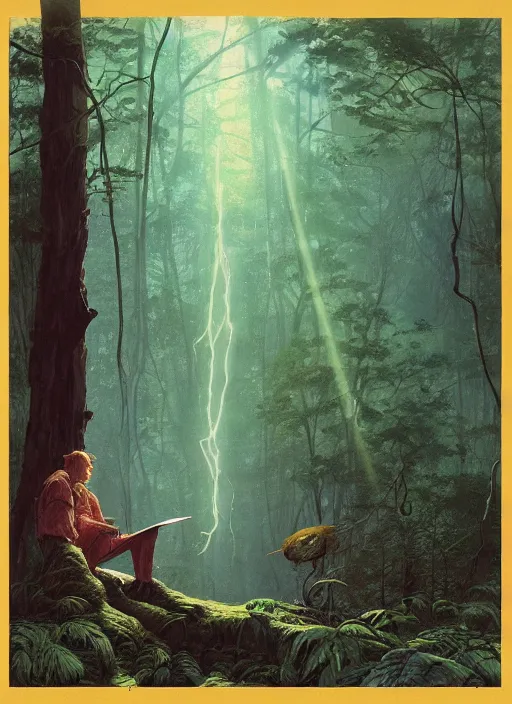 Image similar to technology in the woods gorgeous lighting, sunbeams blue sky, lush forest foliage painting by chiara bautista and beksinski and norman rockwell and greg rutkowski weta studio, and lucasfilm