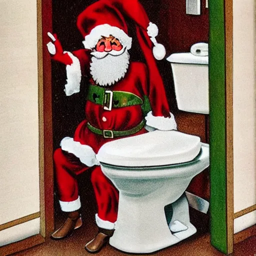 Image similar to santa claus sitting on a toilet in someone's bathroom in the style of currier and ives