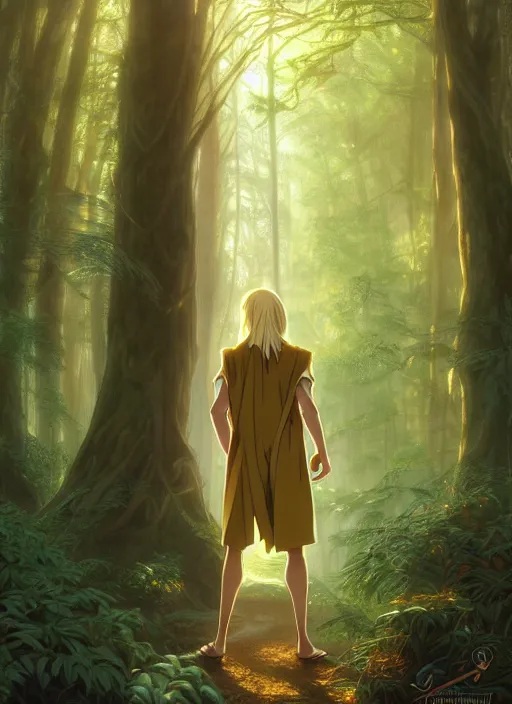 Image similar to slender young man with shoulder length shiny and sparkling golden blond hair, from behind, wearing wizard robes, lost in a forest, natural lighting, path traced, highly detailed, high quality, digital painting, by don bluth and ross tran and studio ghibli and alphonse mucha, artgerm